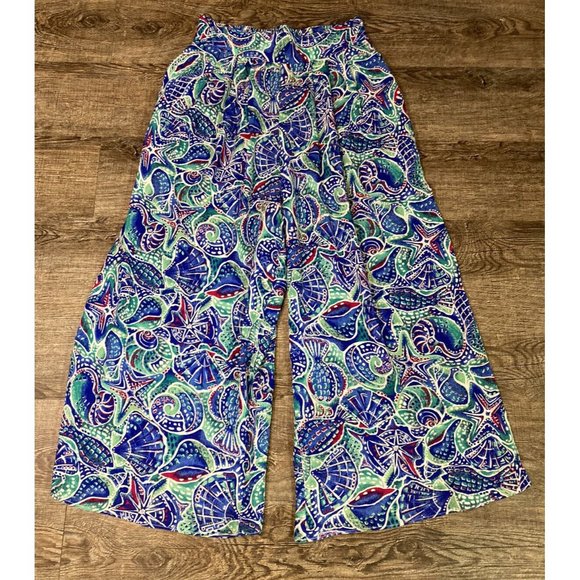 Casual Corner Pants - Vintage Casual Corner Seashell Print Gathered Elastic Waist Culotte Pants Sz S